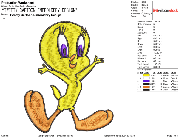 Tweety Cartoon Embroidery Design