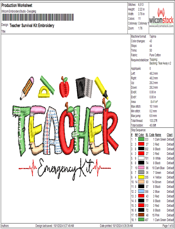 Teacher Survival Kit Embroidery